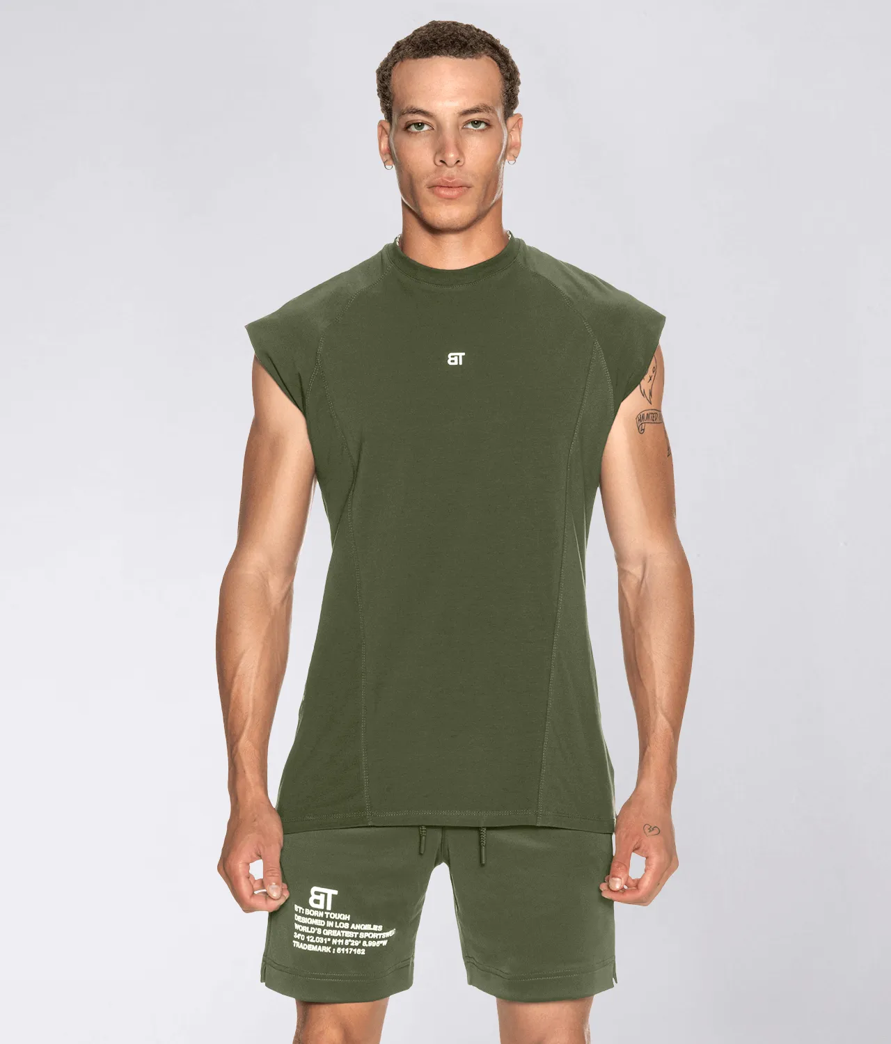 Born Tough Sleeveless Back Shoulder Drop Running T-Shirt For Men Military Green