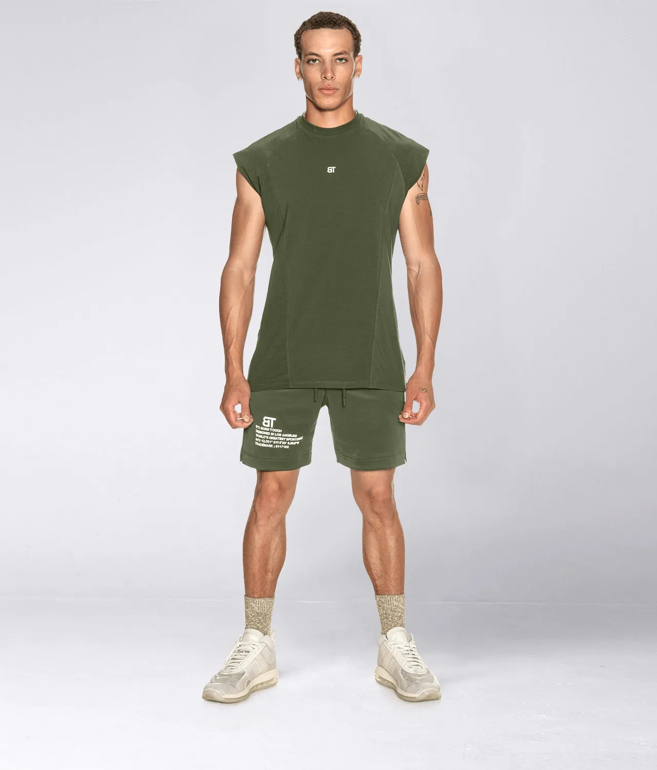 Born Tough Sleeveless Back Shoulder Drop Running T-Shirt For Men Military Green