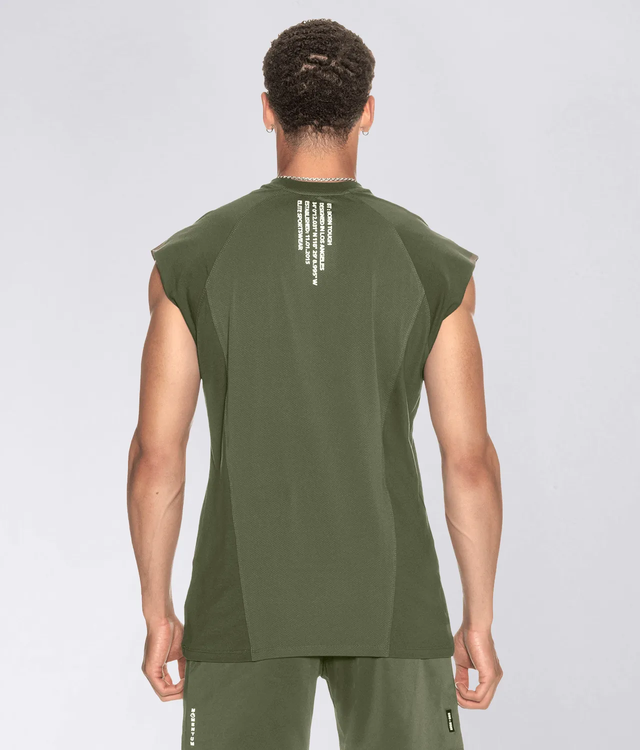 Born Tough Sleeveless Back Shoulder Drop Running T-Shirt For Men Military Green