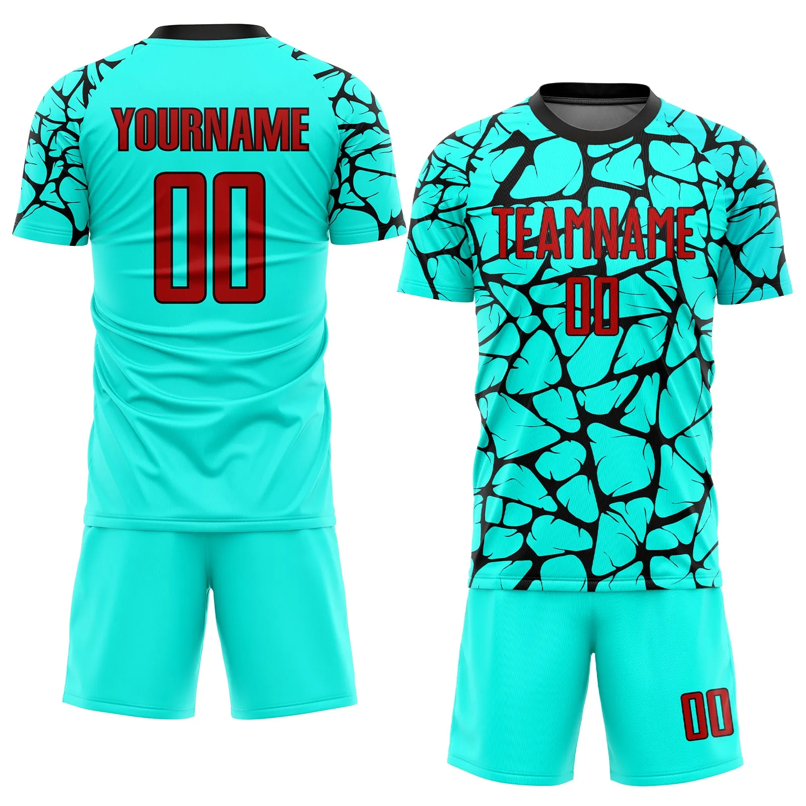 Custom Aqua Red-Black Sublimation Soccer Uniform Jersey