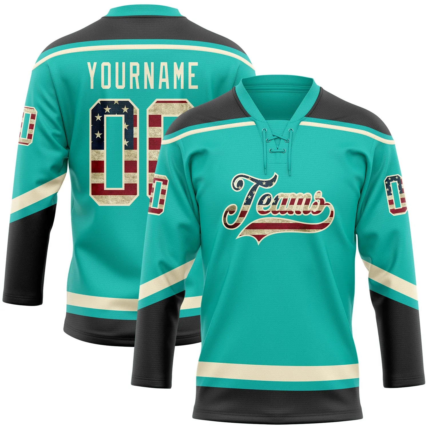 Custom Aqua Vintage USA Flag Black-Cream Hockey Lace Neck Jersey