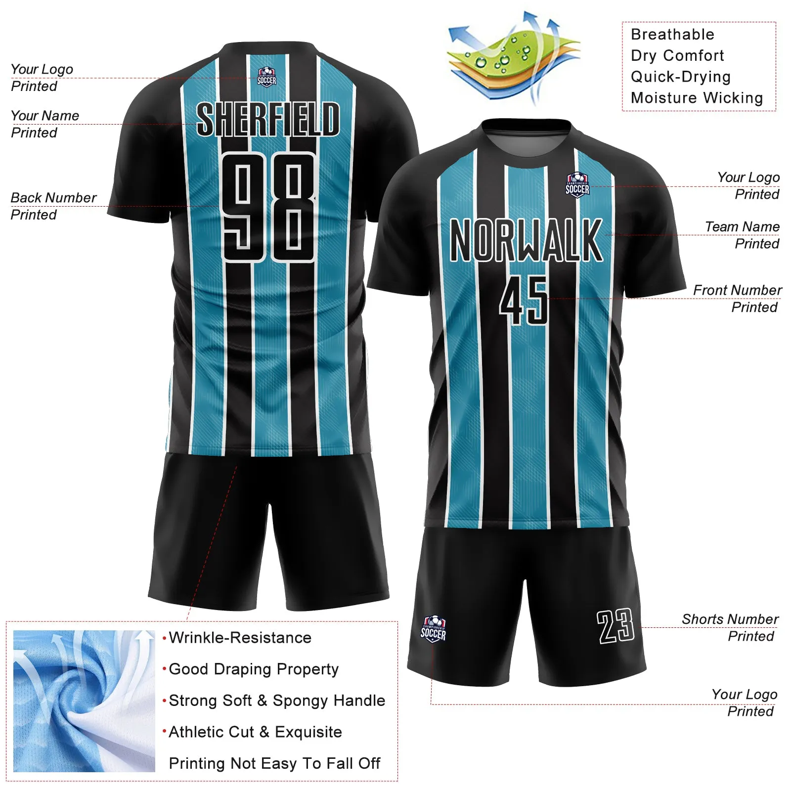 Custom Black Panther Blue-White Stripes Sublimation Soccer Uniform Jersey