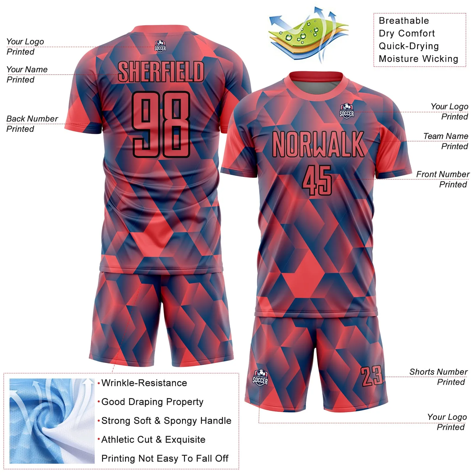 Custom Fire Red Black Geometric Shapes Sublimation Soccer Uniform Jersey