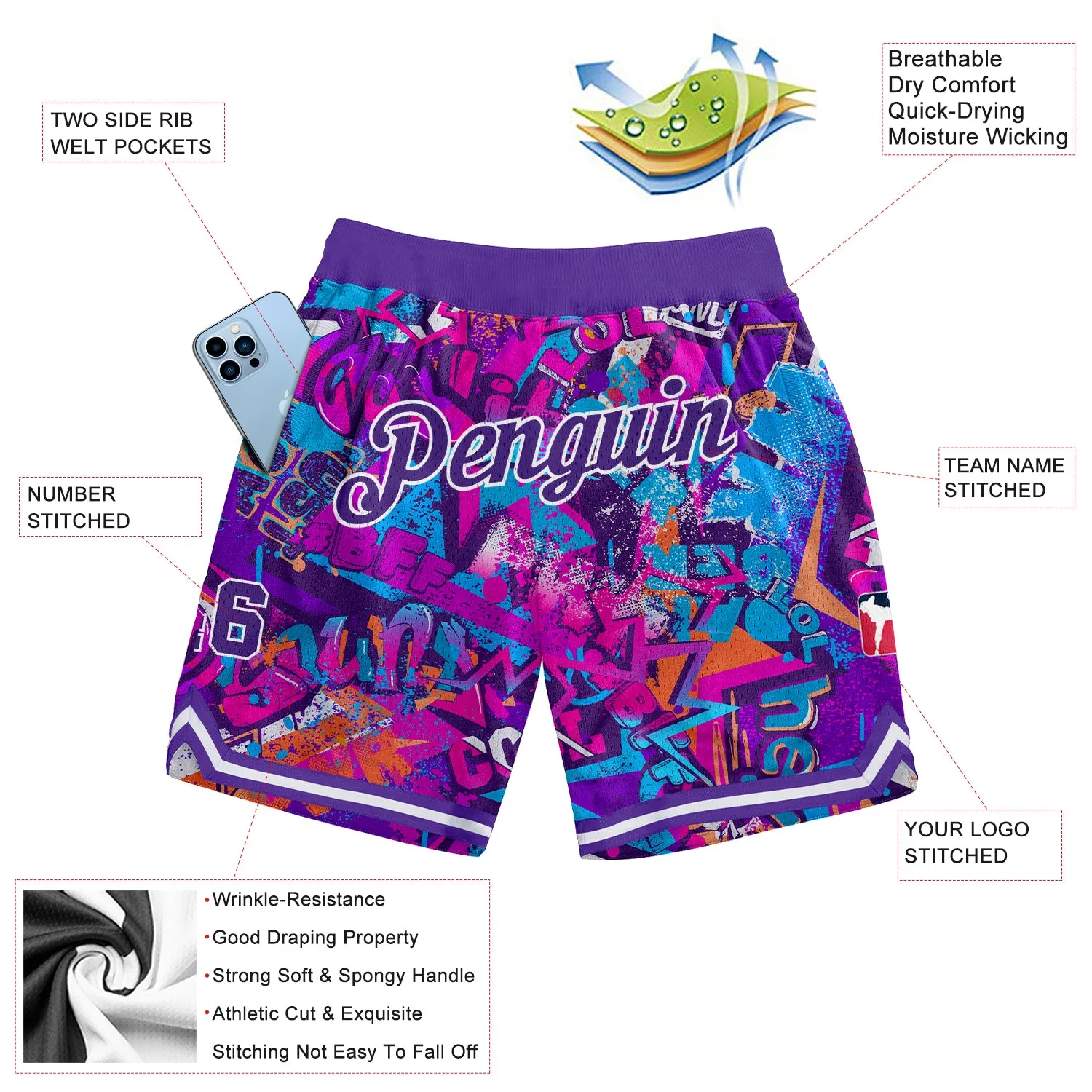 Custom Graffiti Pattern Purple-White 3D Words Authentic Basketball Shorts