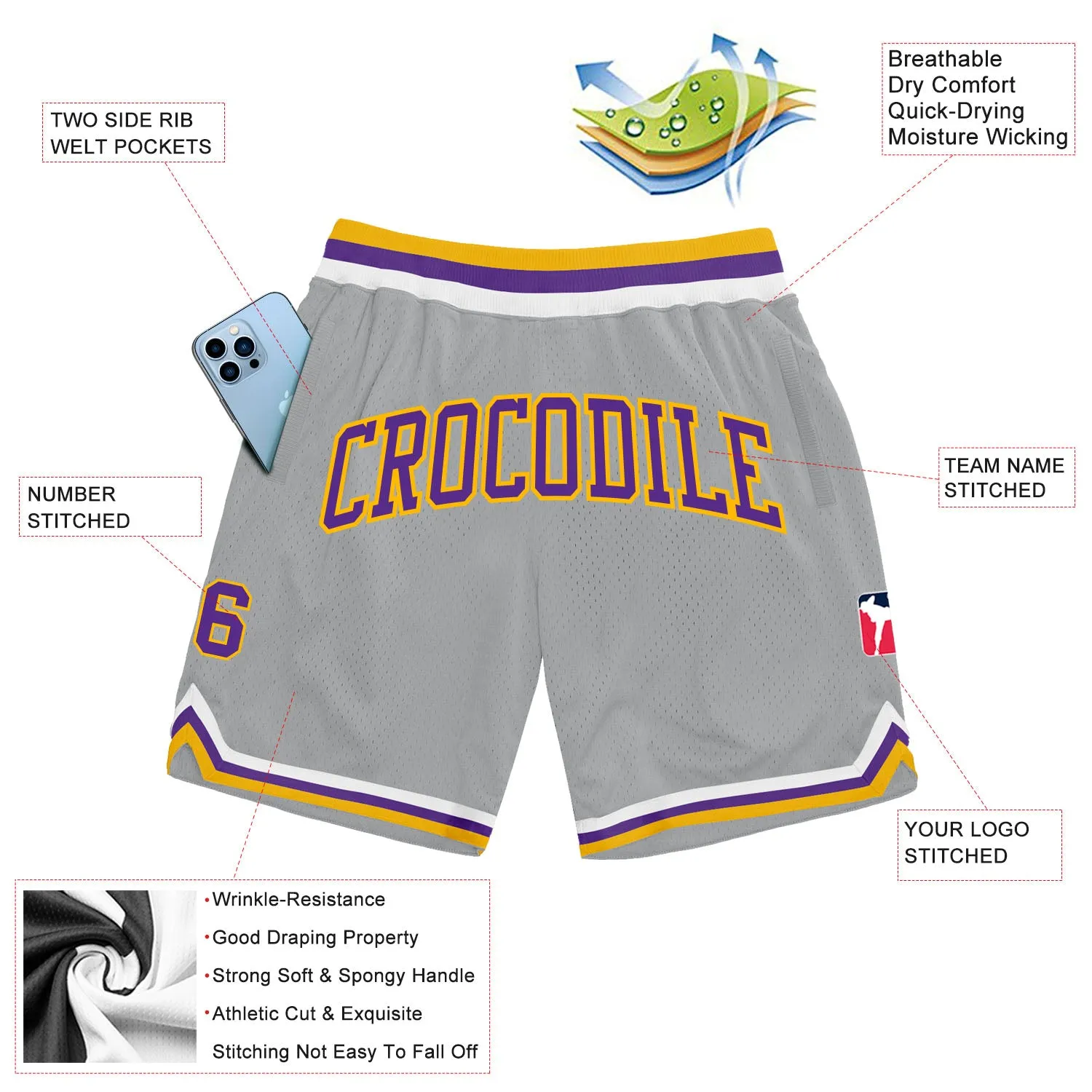 Custom Gray Purple-Gold Authentic Throwback Basketball Shorts