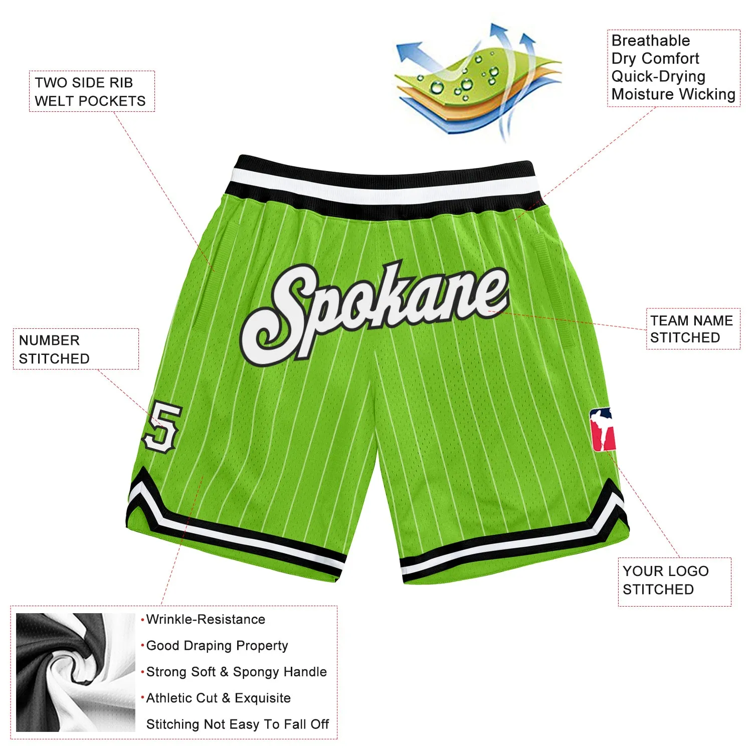 Custom Neon Green White Pinstripe White-Black Authentic Basketball Shorts