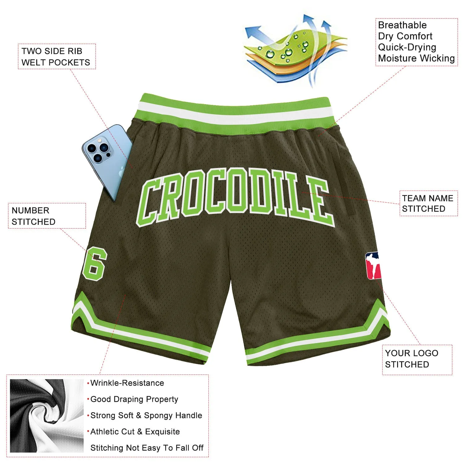 Custom Olive Neon Green-White Authentic Throwback Salute To Service Basketball Shorts