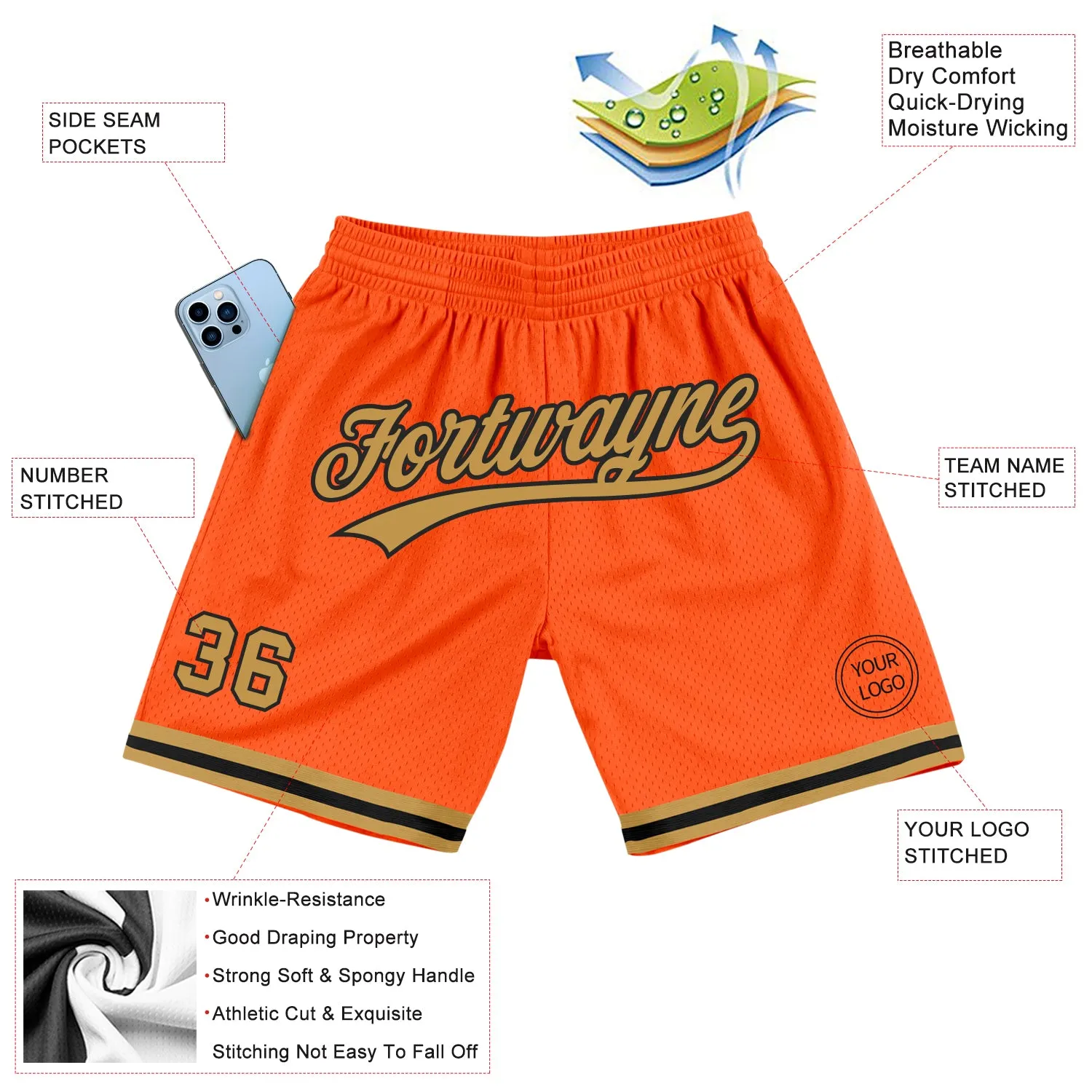 Custom Orange Old Gold-Black Authentic Throwback Basketball Shorts