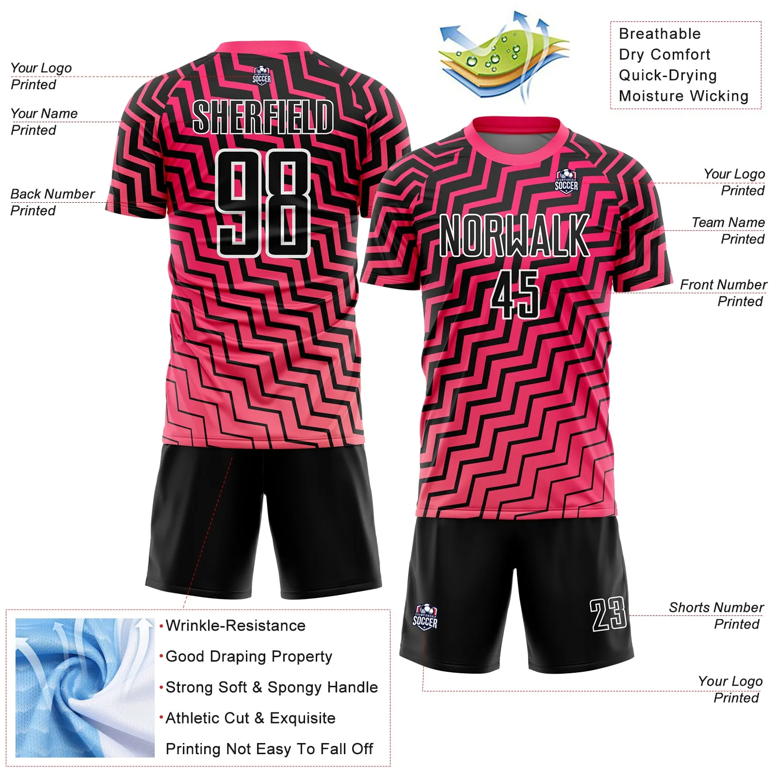 Custom Pink Black-White Geometric Lines Sublimation Soccer Uniform Jersey