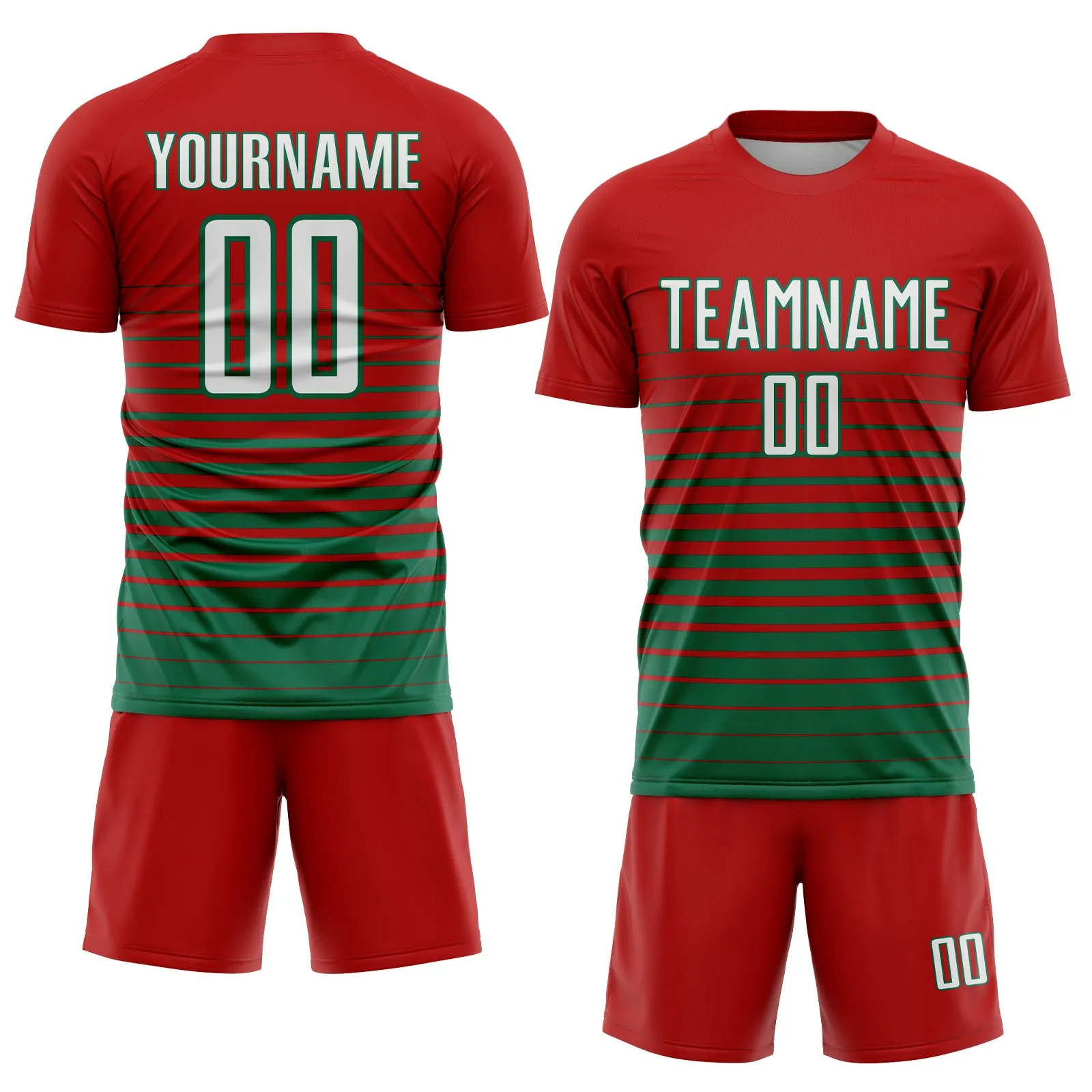 Custom Red White-Kelly Green Pinstripe Fade Fashion Sublimation Soccer Uniform Jersey