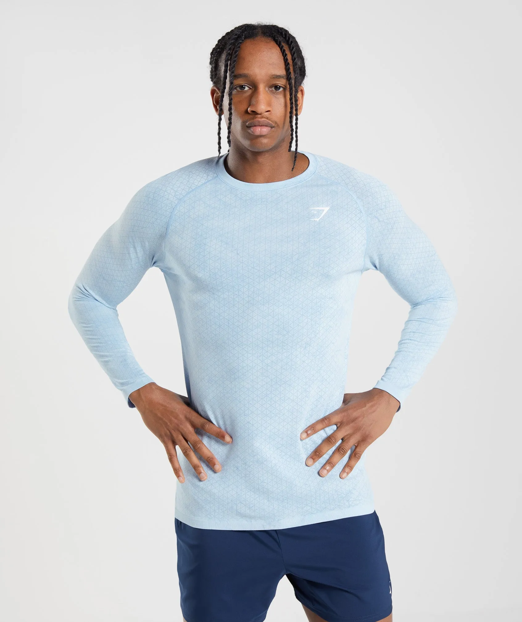 Gymshark Geo Seamless Long Sleeve T-Shirt - White/Moonstone Blue