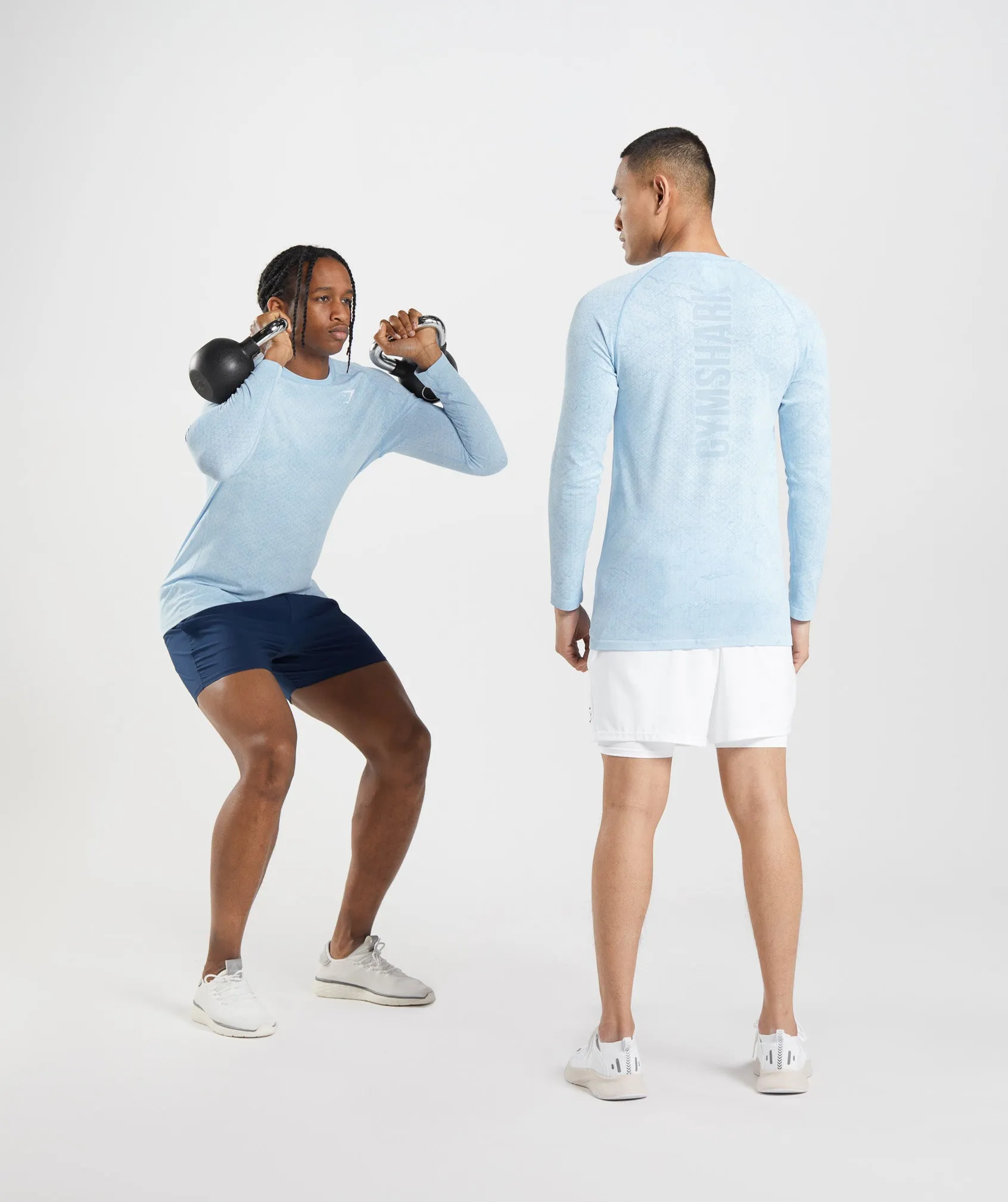 Gymshark Geo Seamless Long Sleeve T-Shirt - White/Moonstone Blue