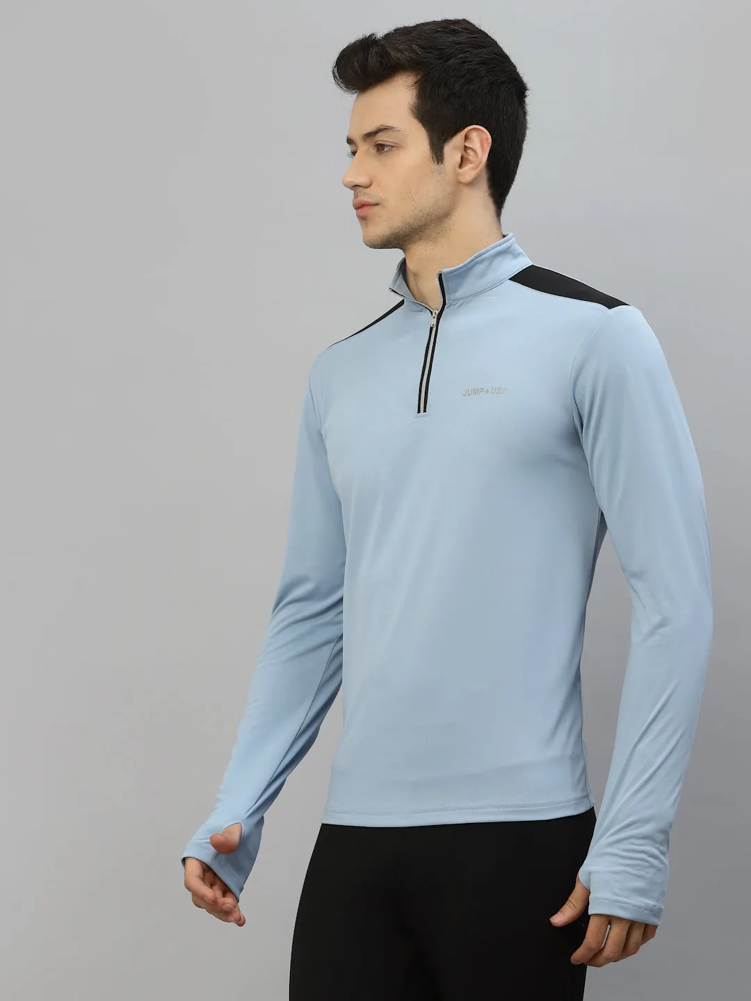 JUMP USA Outdoor Men Cashmere Blue & Black Rapid-Dry Solid T-Shirts