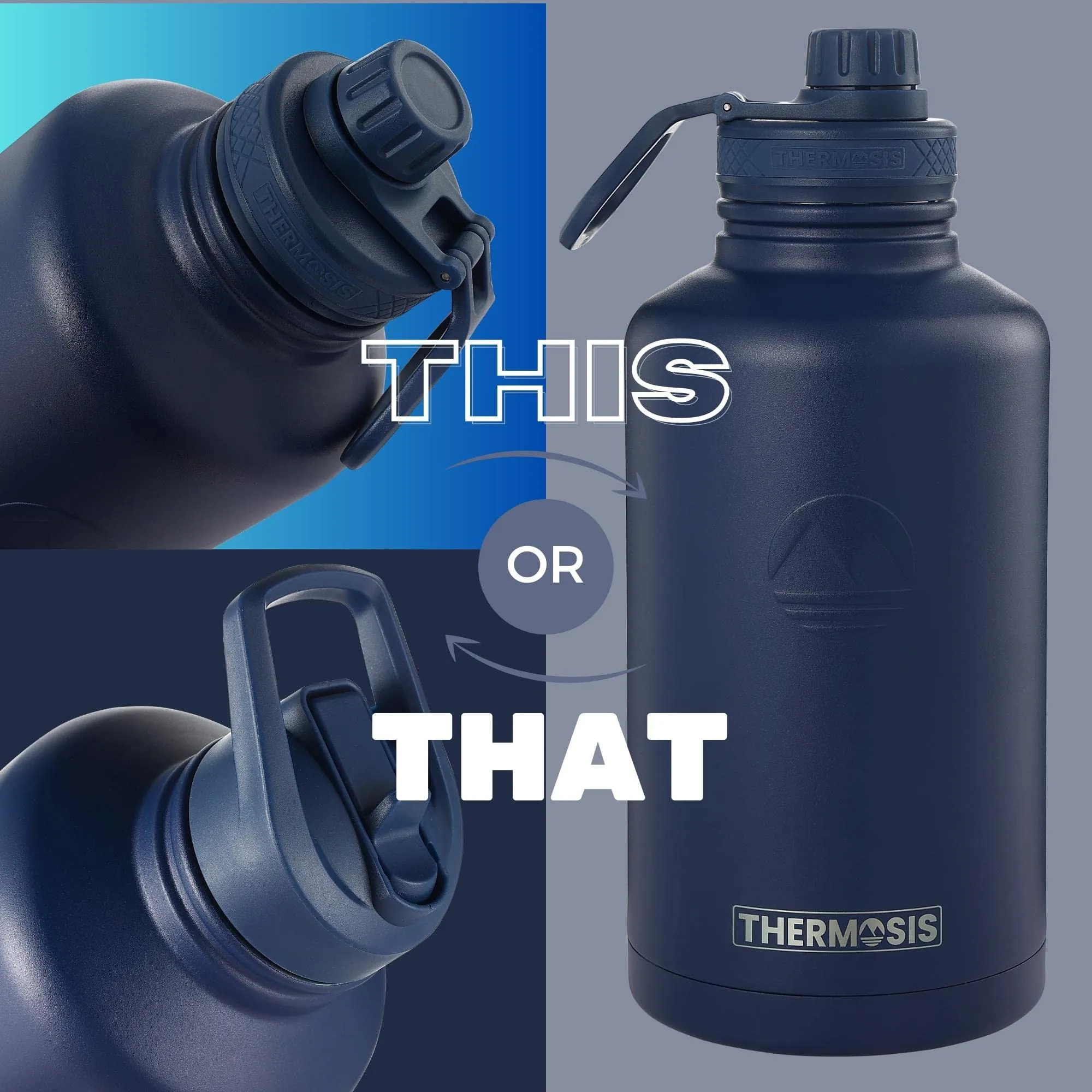 Thermosis 64 Oz insulated water bottle Stainless Steel Water Bottle with Straw & Holder Strap - Includes 2 Lids water bottles - Leak Proof coldest water bottle for Men & Women - Navy Blue