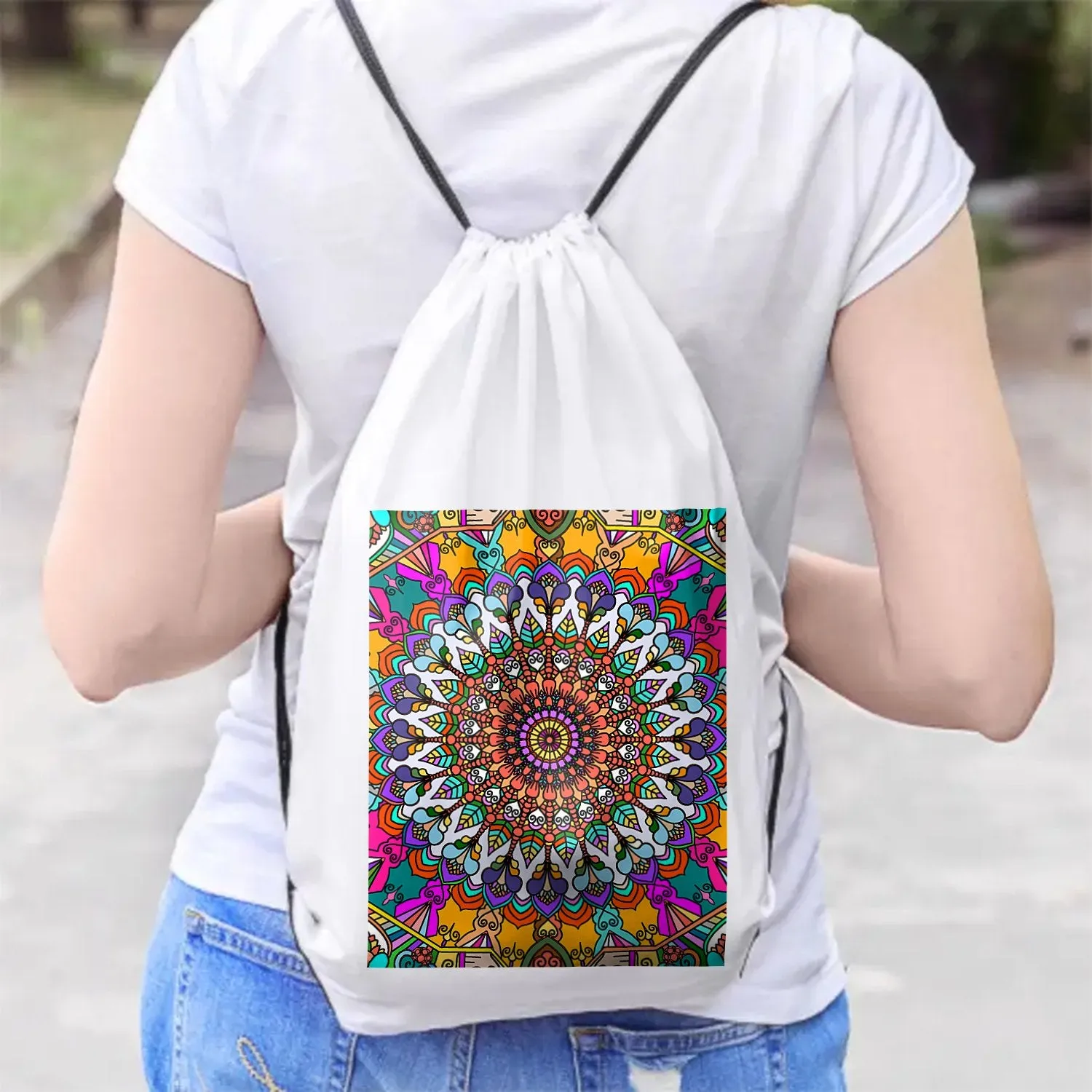 Zaino - White Drawstring Bag with Mandalas